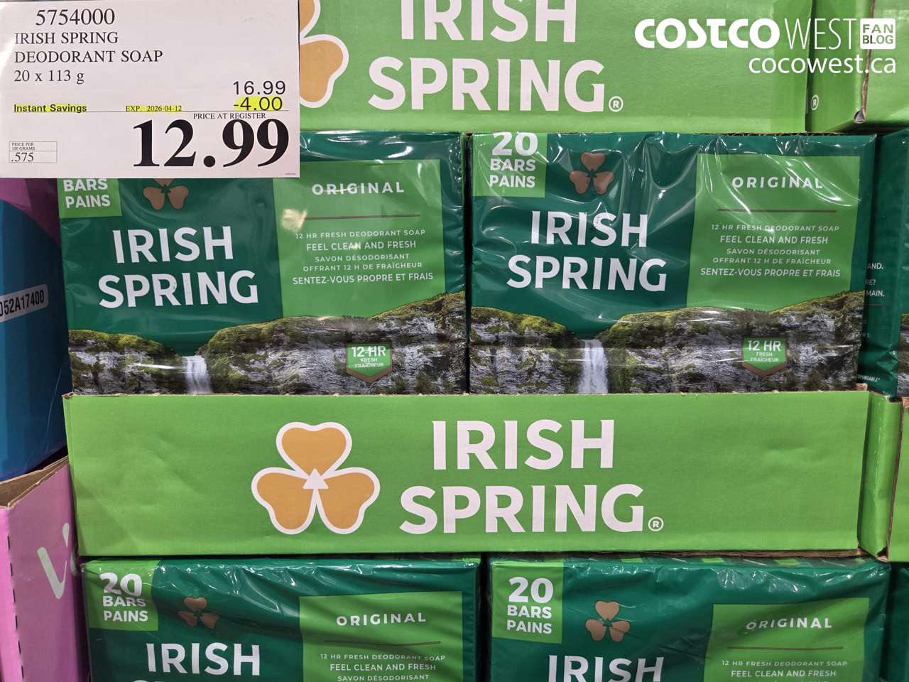 5754000 IRISH SPRING DEODORANT SOAP 20 X 113 G ($4.00 INSTANT SAVINGS EXPIRES ON 2026-04-12) $12.99