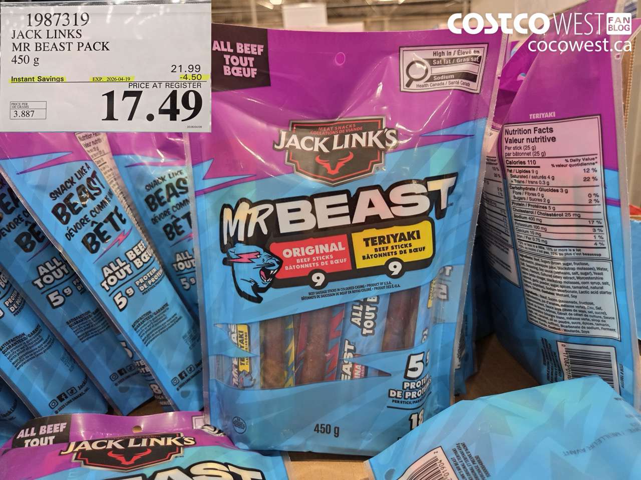 19873119 JACK LINKS MR BEAST PACK 450 G ($4.50 INSTANT SAVINGS EXPIRES ON 2026-04-19) $17.49