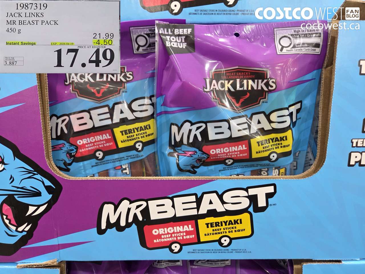 1987319 JACK LINKS MR BEAST PACK 450 G ($4.50 INSTANT SAVINGS EXPIRES ON 2026-04-19) $17.49