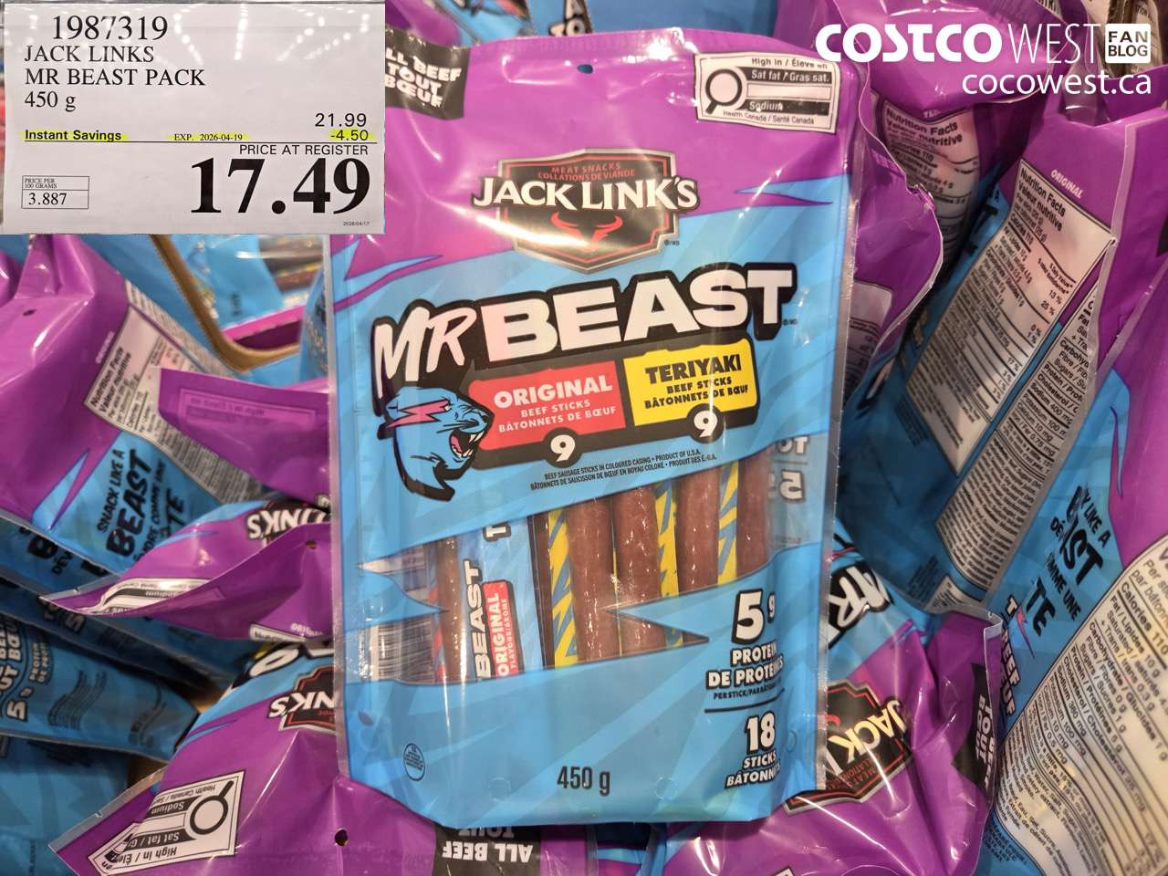 1987319 JACK LINKS MR BEAST PACK 450 G ($4.50 INSTANT SAVINGS EXPIRES ON 2026-04-19) $17.49