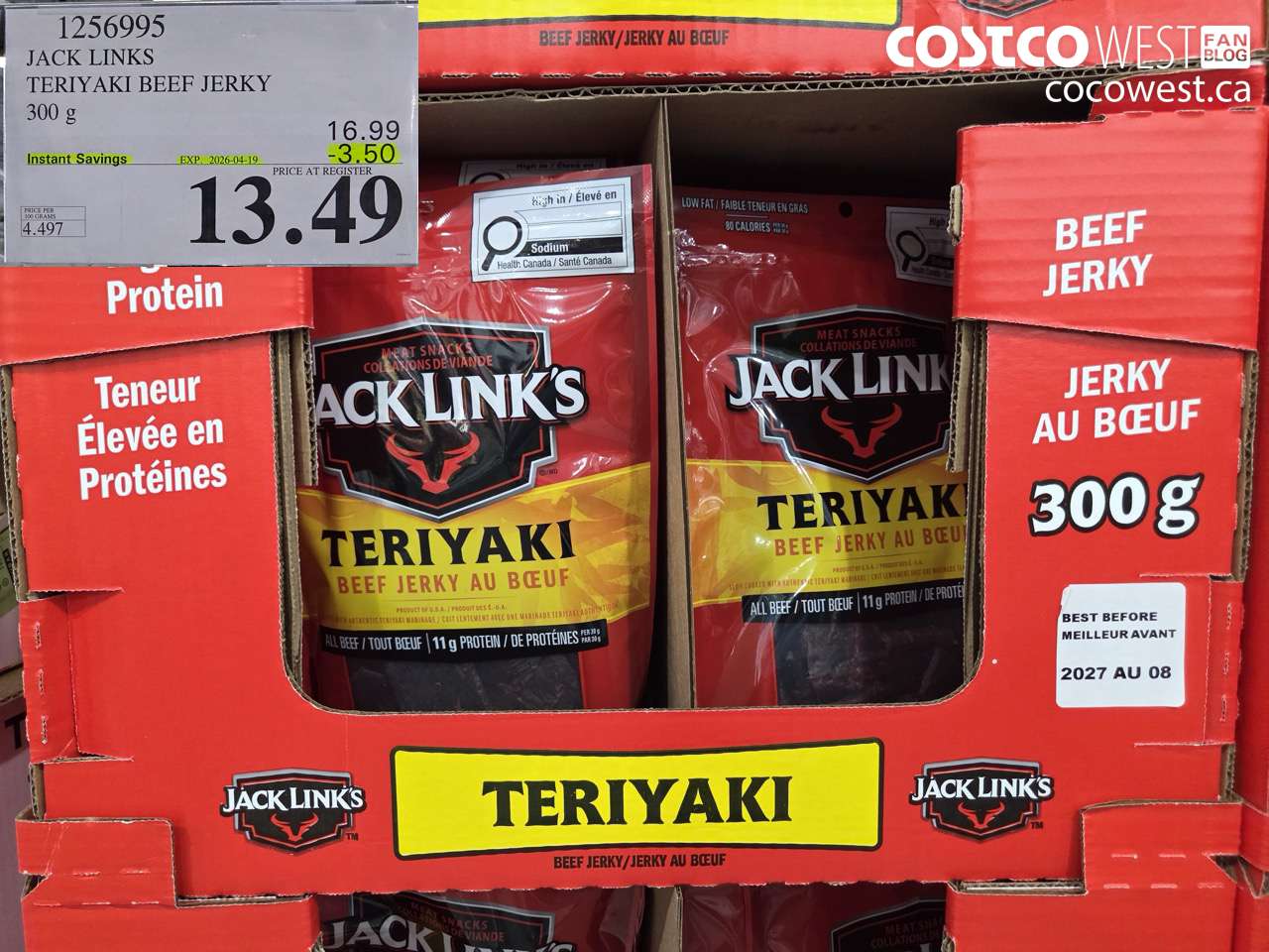 1256995 JACK LINKS TERIYAKI BEEF JERKY 300 G ($3.50 INSTANT SAVINGS EXPIRES ON 2026-04-19) $13.49