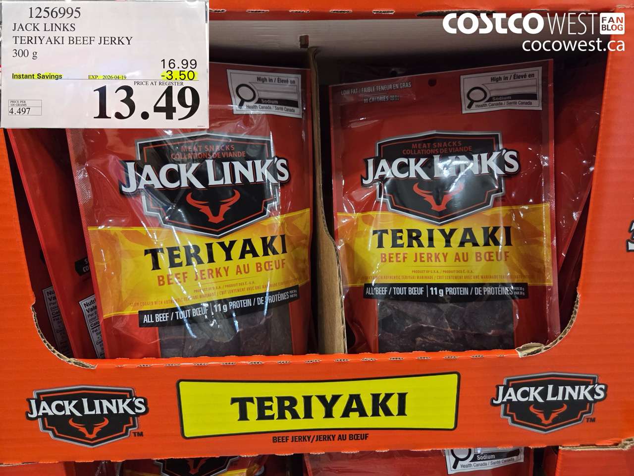1256995 JACK LINKS TERIYAKI BEEF JERKY 300 G ($3.50 INSTANT SAVINGS EXPIRES ON 2026-04-19) $13.49