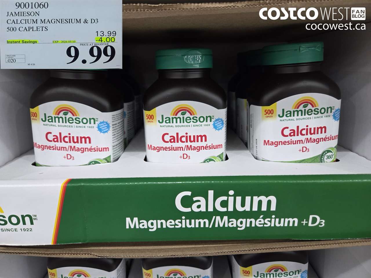 9001060 JAMIESON CALCIUM MAGNESIUM & D3 500 CAPLETS ($4.00 INSTANT SAVINGS EXPIRES ON 2026-05-10) $9.99