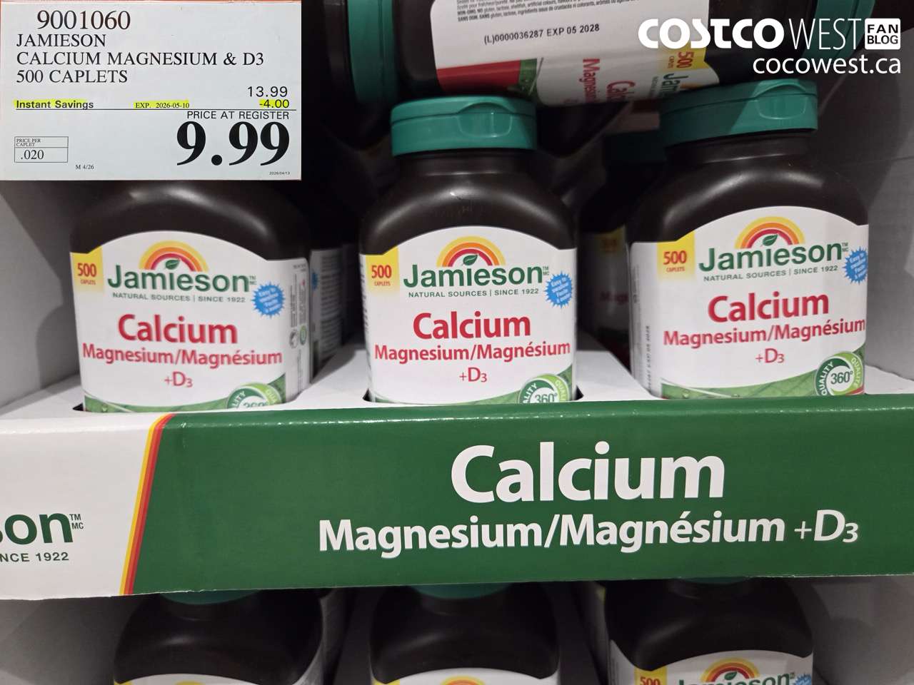 9001060 JAMIESON CALCIUM MAGNESIUM & D3 500 CAPLETS ($4.00 INSTANT SAVINGS EXPIRES ON 2026-05-10) $9.99