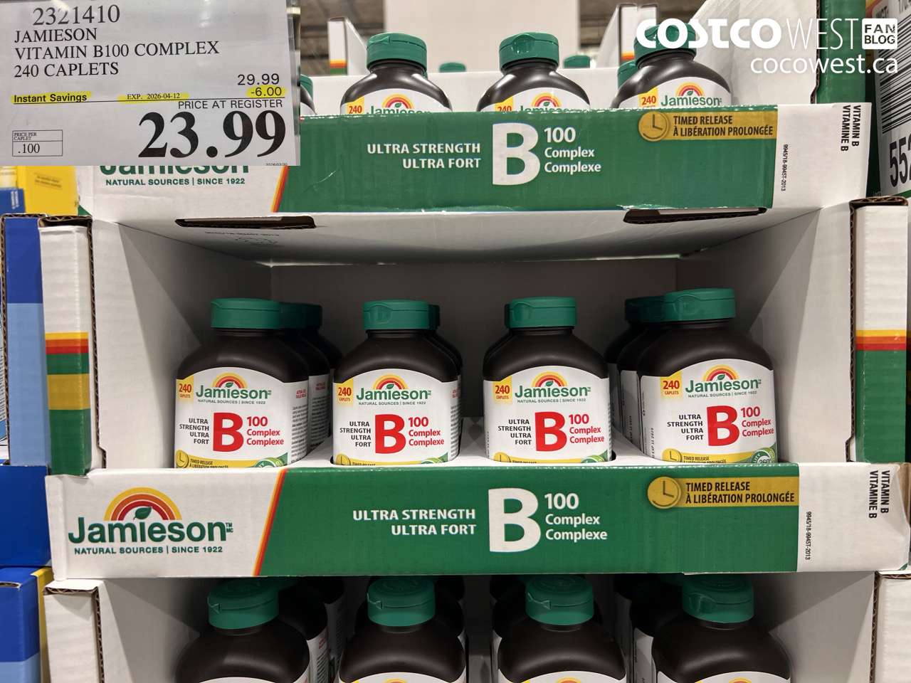 2321410 JAMIESON VITAMIN B100 COMPLEX 240 CAPLETS ($6.00 INSTANT SAVINGS EXPIRES ON 2026-04-12) $23.99