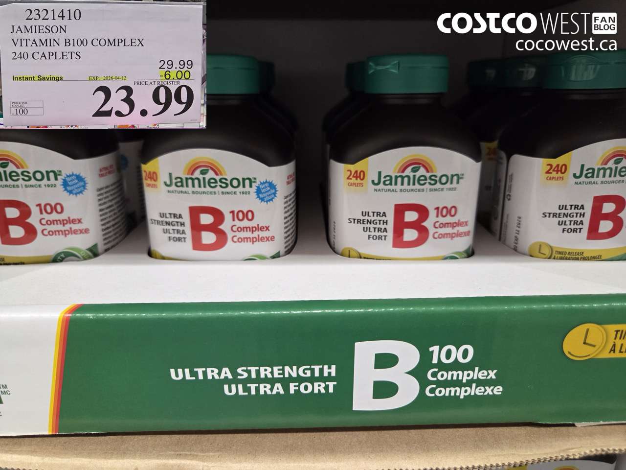 2321410 JAMIESON VITAMIN B100 COMPLEX 240 CAPLETS ($6.00 INSTANT SAVINGS EXPIRES ON 2026-04-12) $23.99