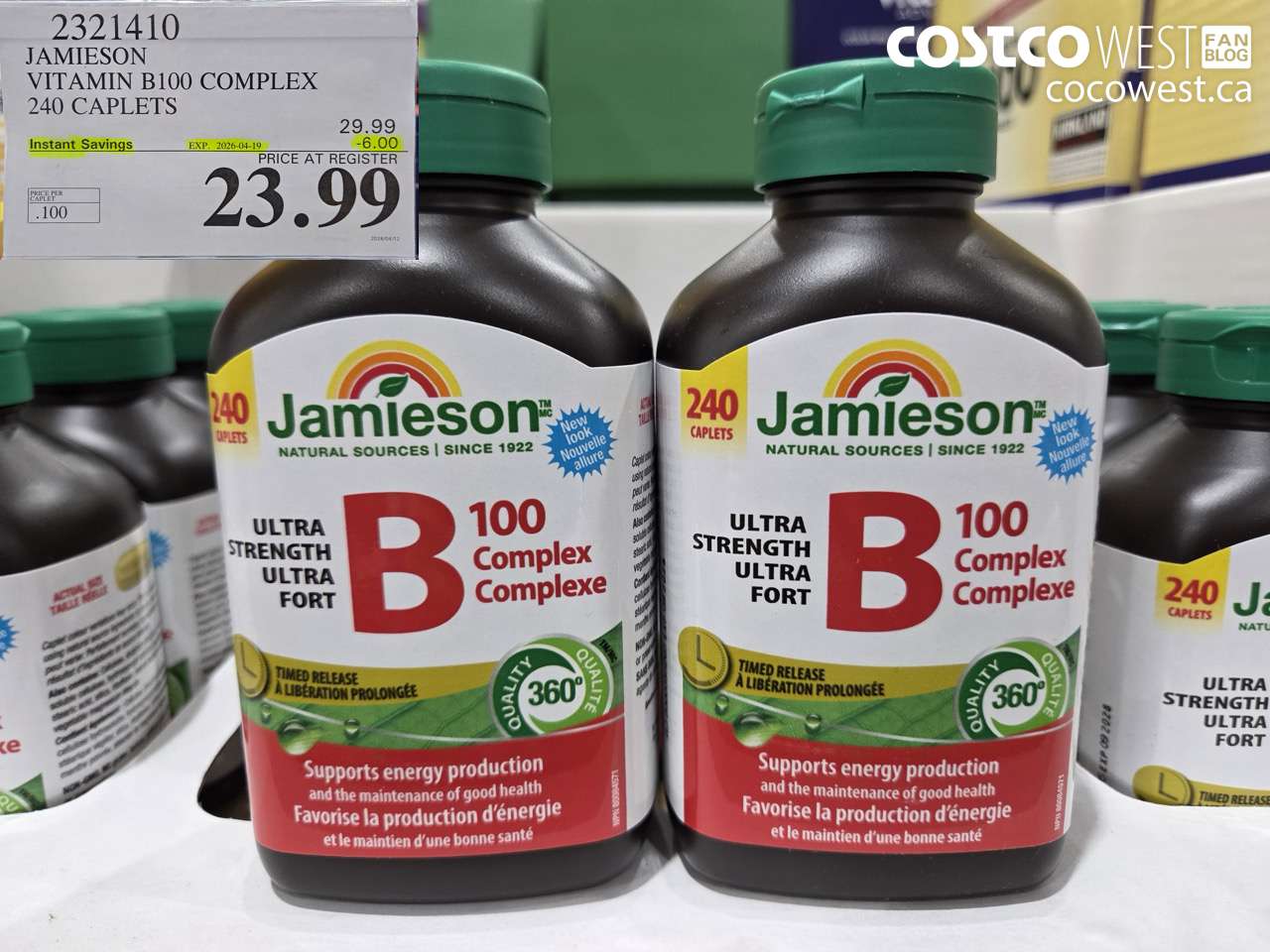 2321410 JAMIESON VITAMIN B100 COMPLEX 240 CAPLETS ($6.00 INSTANT SAVINGS EXPIRES ON 2026-04-19) $23.99