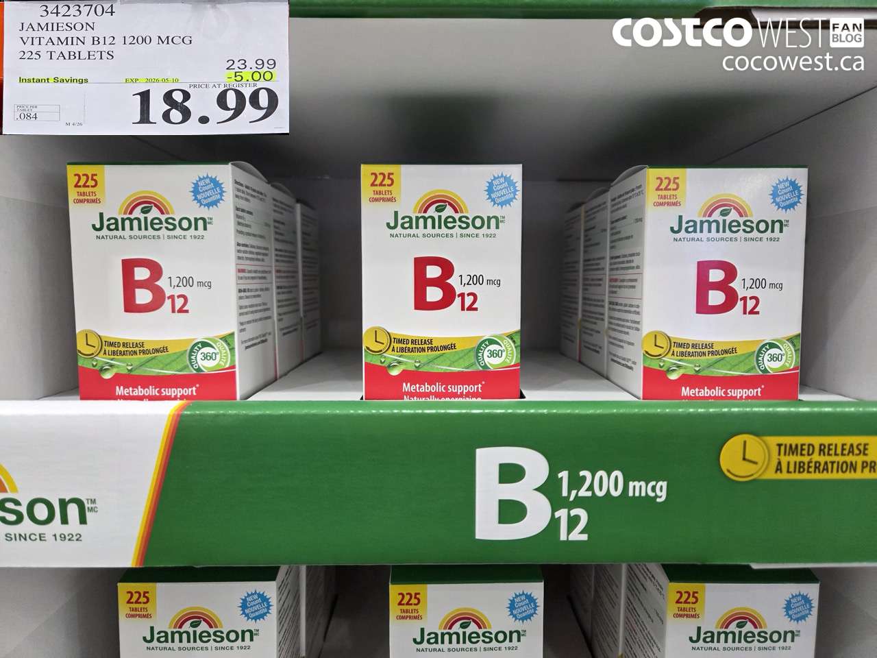34223704 JAMIESON VITAMIN B12 1200 MCG 225 TABLETS ($5.00 INSTANT SAVINGS EXPIRES ON 2026-05-10) $18.99