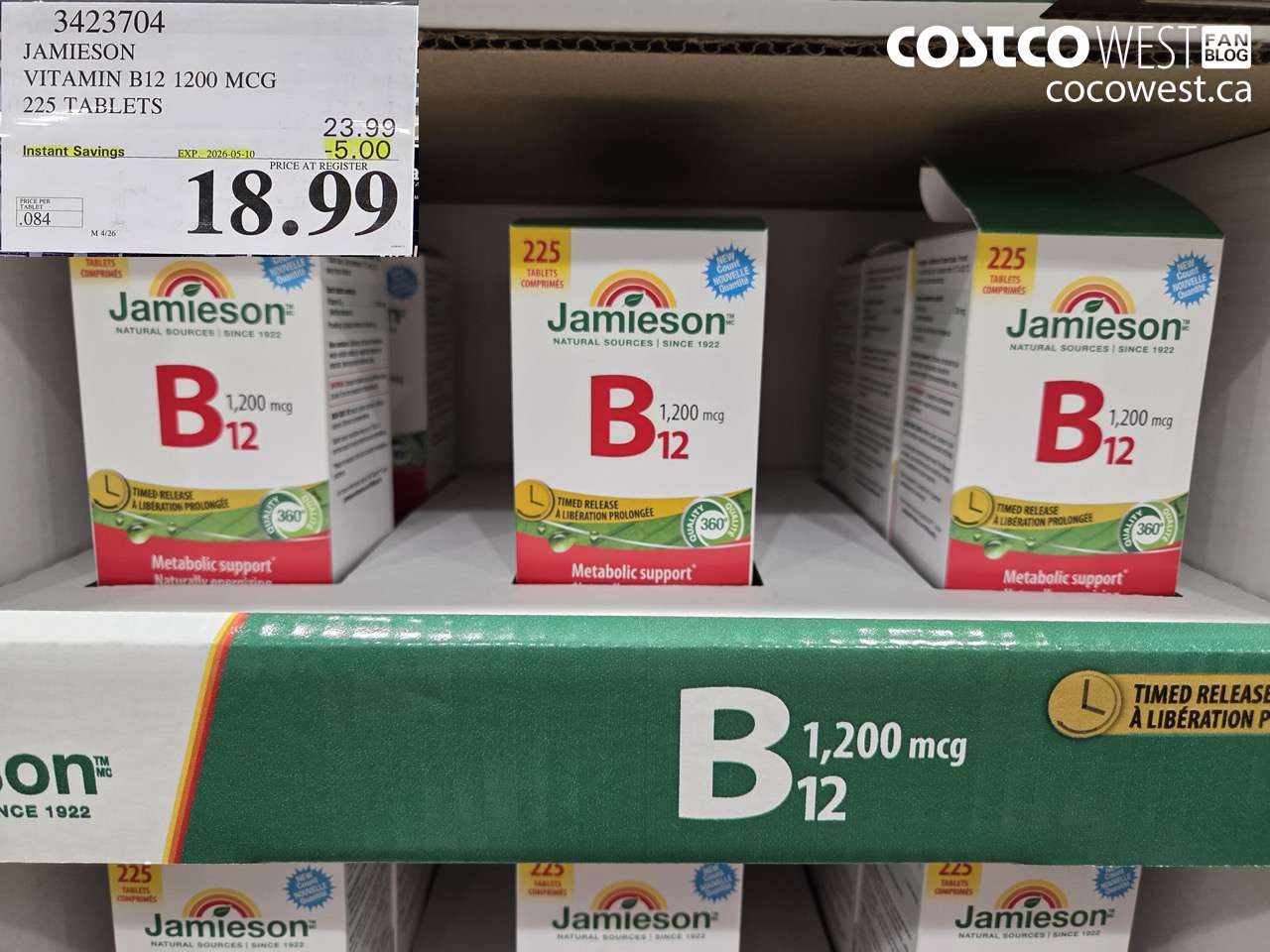3423704 JAMIESON VITAMIN B12 1200 MCG 225 TABLETS ($5.00 INSTANT SAVINGS EXPIRES ON 2026-05-10) $18.99