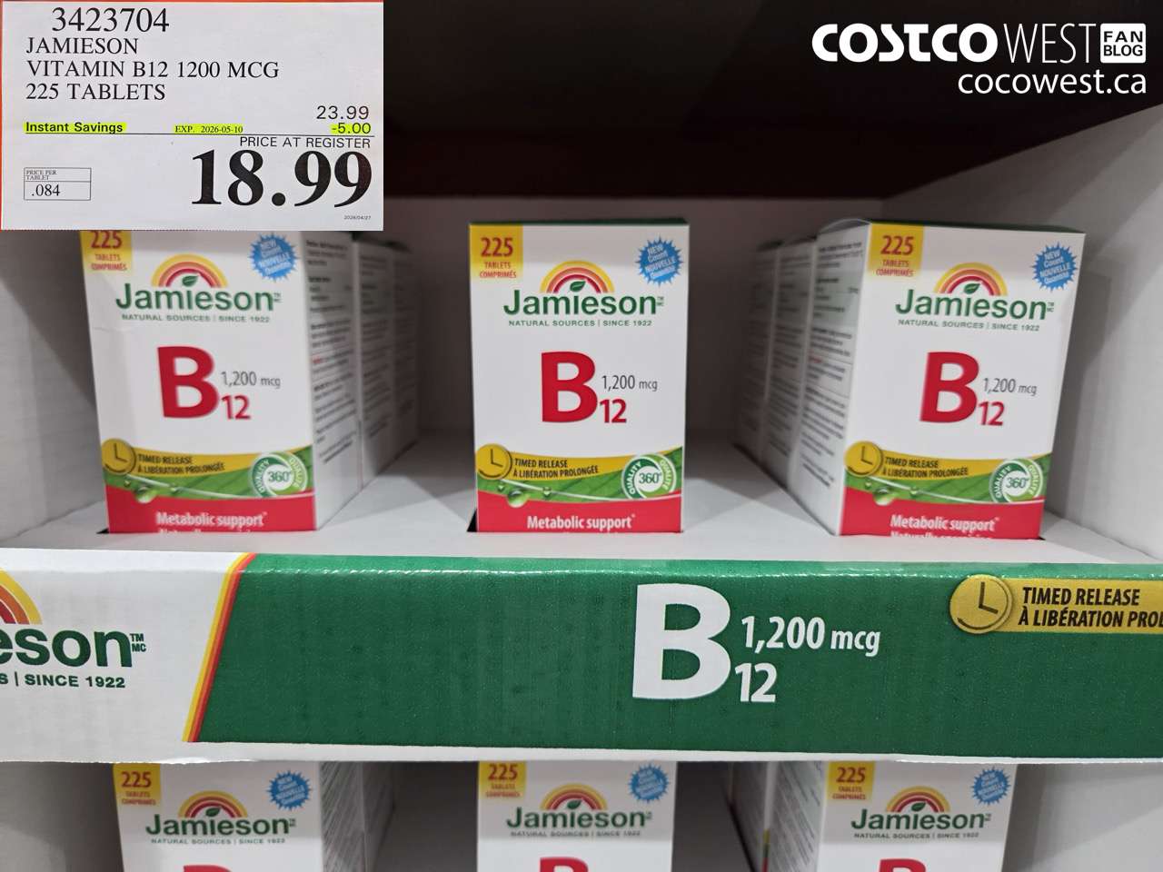 34223704 JAMIESON VITAMIN B12 1200 MCG 225 TABLETS ($5.00 INSTANT SAVINGS EXPIRES ON 2026-05-10) $18.99
