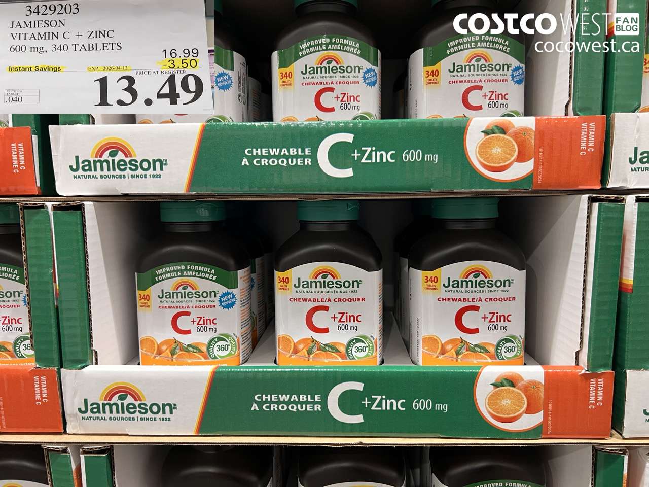 3429203 JAMIESON VITAMIN C + ZINC 600 MG, 340 TABLETS ($3.50 INSTANT SAVINGS EXPIRES ON 2026-04-12) $13.49