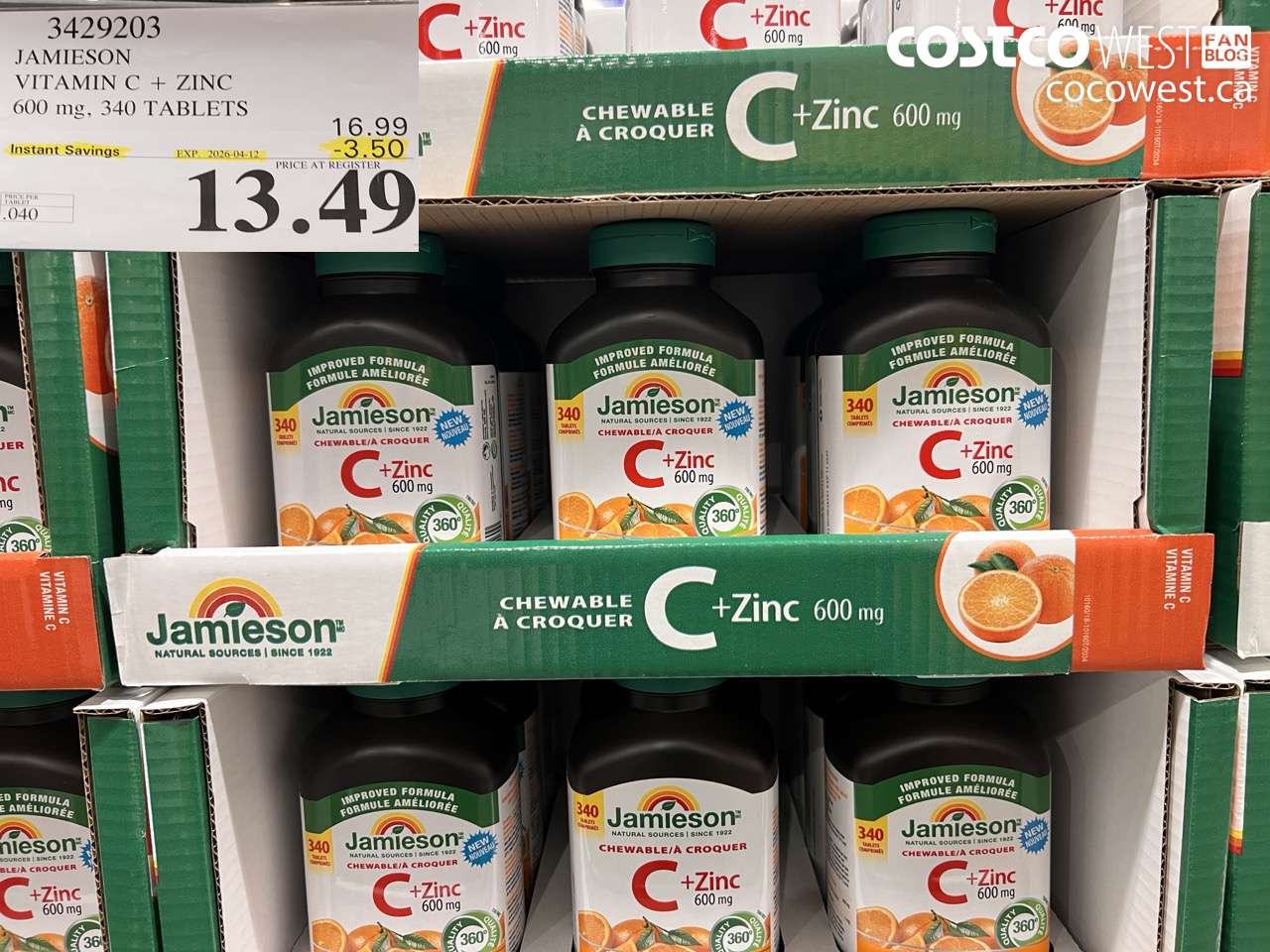 3429203 JAMIESON VITAMIN C + ZINC 600 MG, 340 TABLETS ($3.50 INSTANT SAVINGS EXPIRES ON 2026-04-12) $13.49