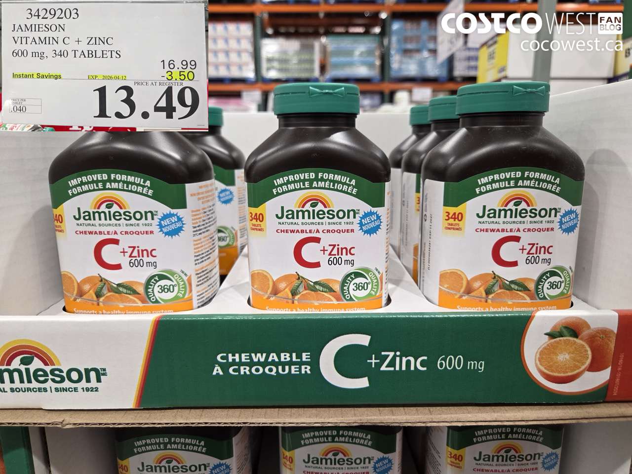 3429203 JAMIESON VITAMIN C + ZINC 600 MG, 340 TABLETS ($3.50 INSTANT SAVINGS EXPIRES ON 2026-04-12) $13.49