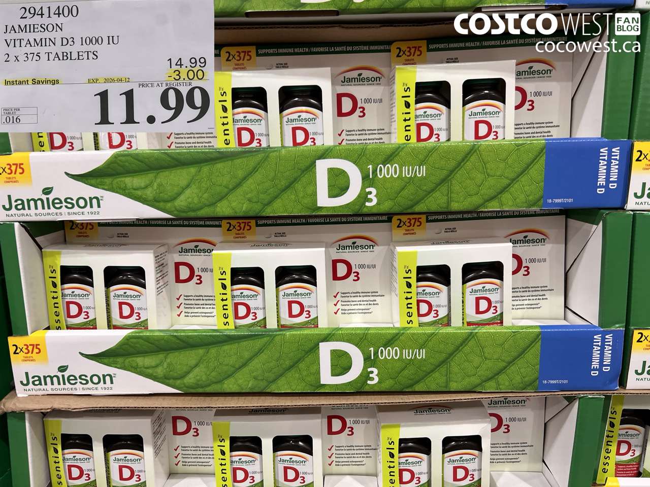 2941400 JAMIESON VITAMIN D3 1000 IU 2 X 375 TABLETS ($3.00 INSTANT SAVINGS EXPIRES ON 2026-04-12) $11.99