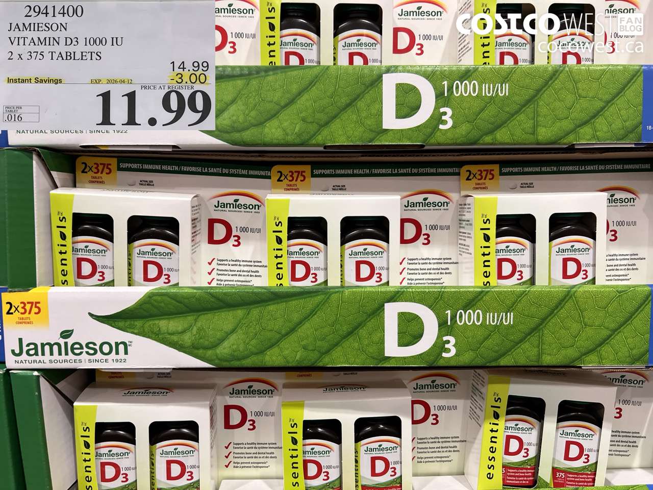 2941400 JAMIESON VITAMIN D3 1000 IU 2 X 375 TABLETS ($3.00 INSTANT SAVINGS EXPIRES ON 2026-04-12) $11.99