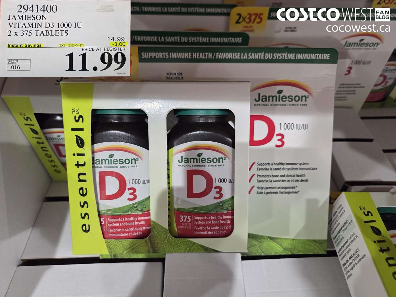 2941400 JAMIESON VITAMIN D3 1000 IU 2 X 375 TABLETS ($3.00 INSTANT SAVINGS EXPIRES ON 2026-04-12) $11.99