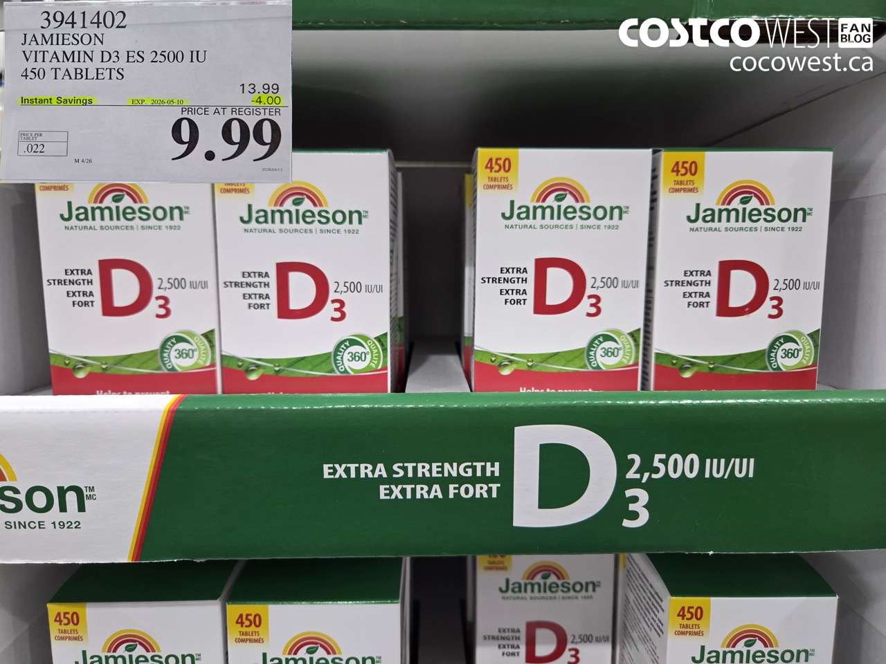 3941402 JAMIESON VITAMIN D3 ES 2500 IU 450 TABLETS ($4.00 INSTANT SAVINGS EXPIRES ON 2026-05-10) $9.99