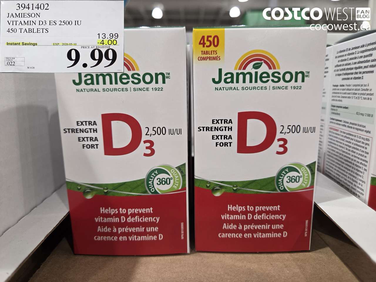 3941402 JAMIESON VITAMIN D3 ES 2500 IU 450 TABLETS ($4.00 INSTANT SAVINGS EXPIRES ON 2026-05-10) $9.99