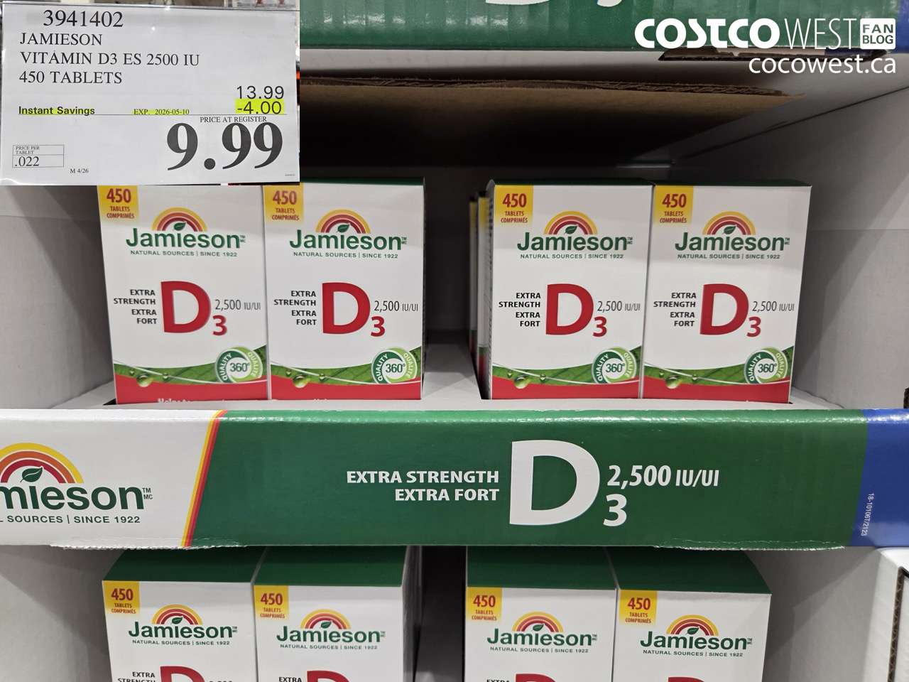 3941402 JAMIESON VITAMIN D3 ES 2500 IU 450 TABLETS ($4.00 INSTANT SAVINGS EXPIRES ON 2026-05-10) $9.99