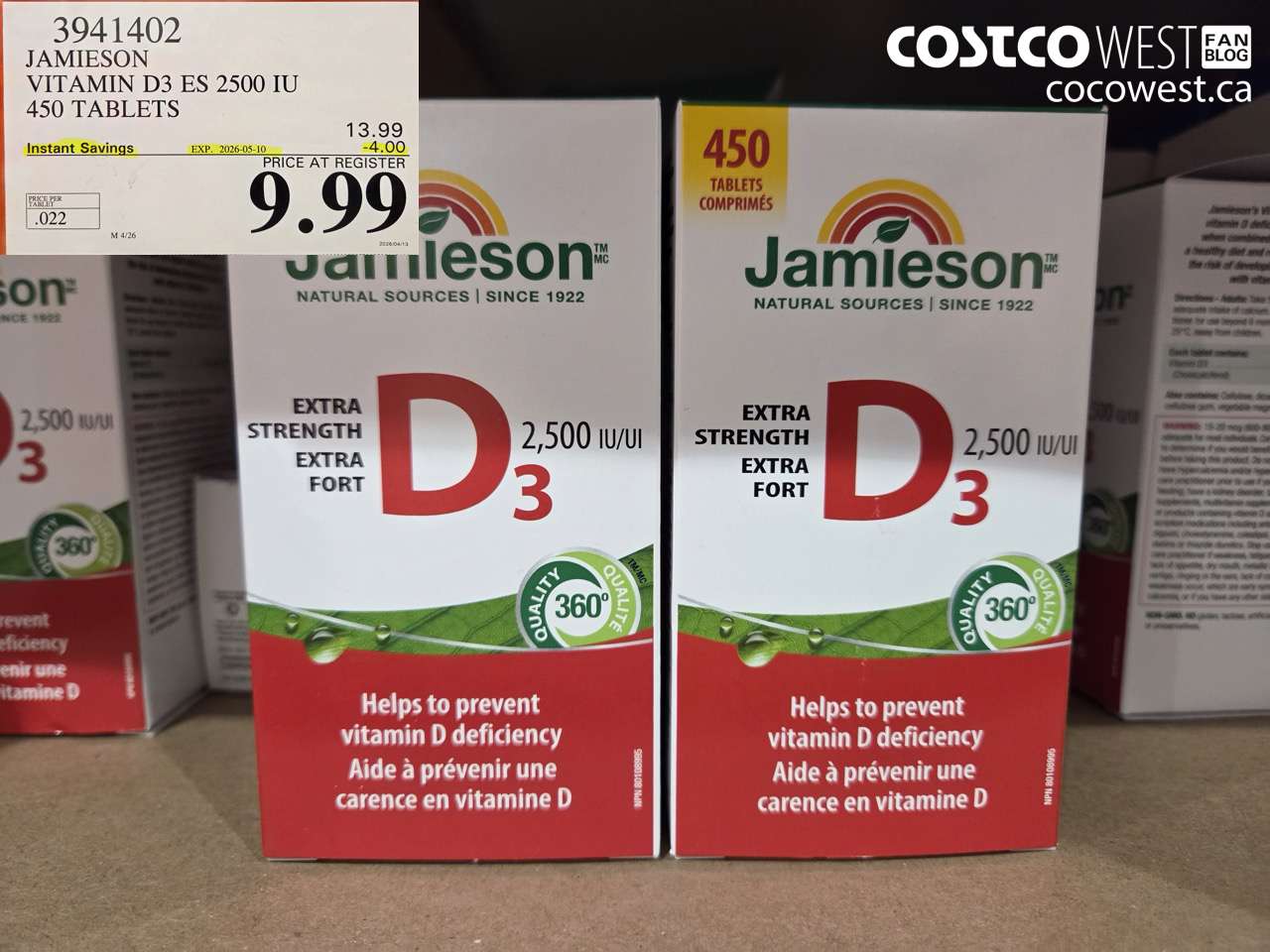 3941402 JAMIESON VITAMIN D3 ES 2500 IU 450 TABLETS ($4.00 INSTANT SAVINGS EXPIRES ON 2026-05-10) $9.99