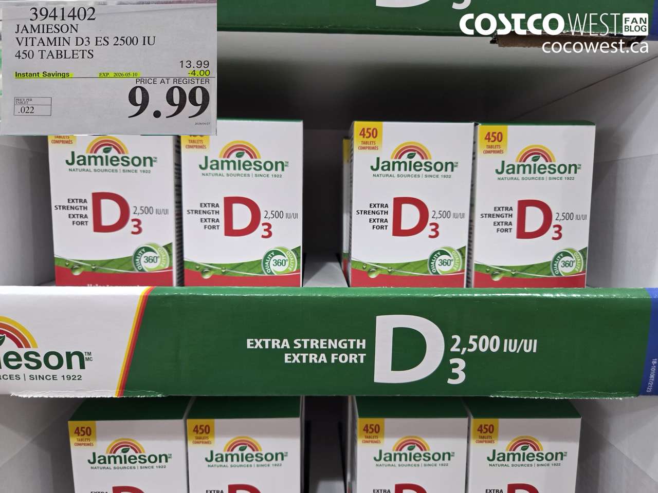 3941402 JAMIESON VITAMIN D3 ES 2500 IU 450 TABLETS ($4.00 INSTANT SAVINGS EXPIRES ON 2026-05-10) $9.99