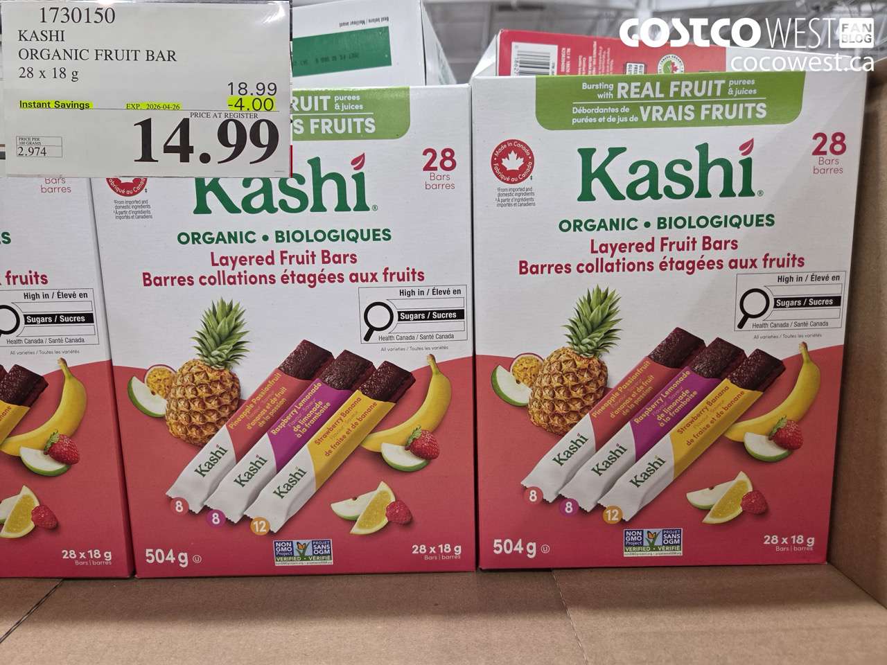 1730150 KASHI ORGANIC FRUIT BAR 28 X 18G ($4.00 INSTANT SAVINGS EXPIRES ON 2026-04-26) $14.99