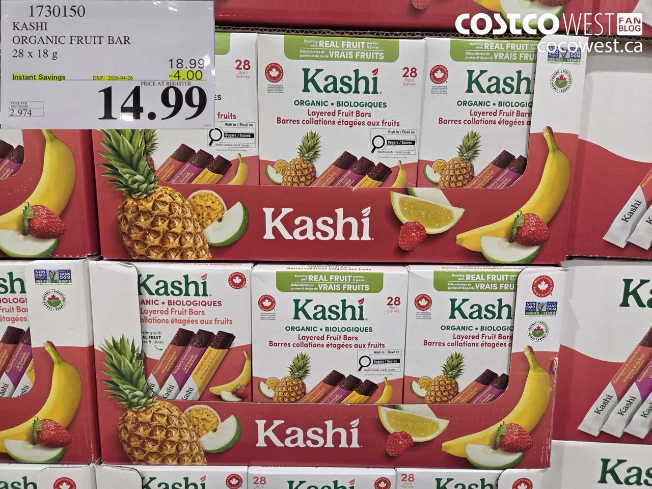1730150 KASHI ORGANIC FRUIT BAR 28 X 18 G ($4.00 INSTANT SAVINGS EXPIRES ON 2026-04-26) $14.99