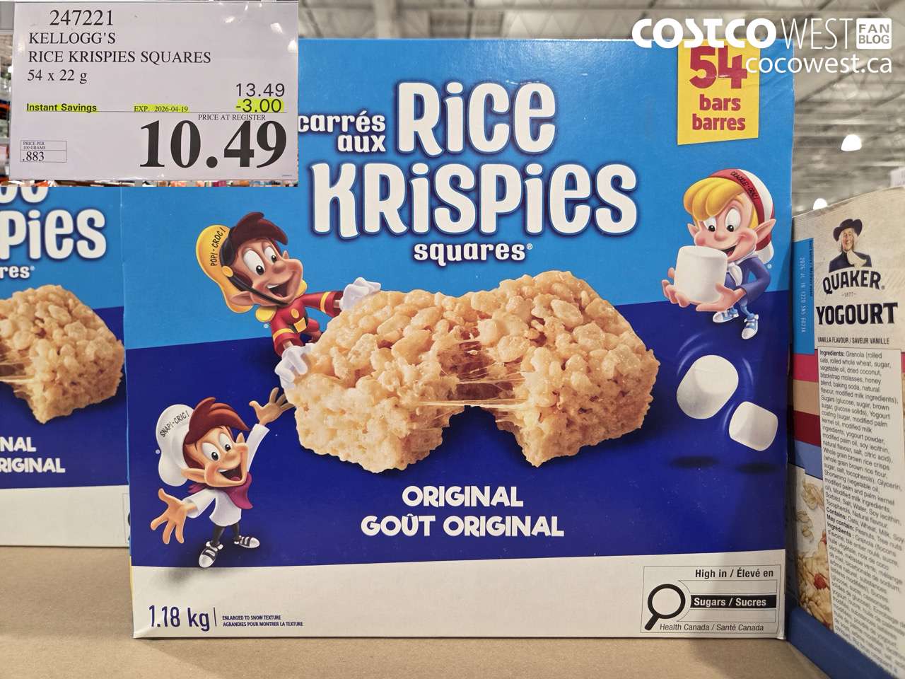 247221 KELLOGG'S RICE KRISPIES SQUARES 54 X 22G ($3.00 INSTANT SAVINGS EXPIRES ON 2026-04-19) $10.49
