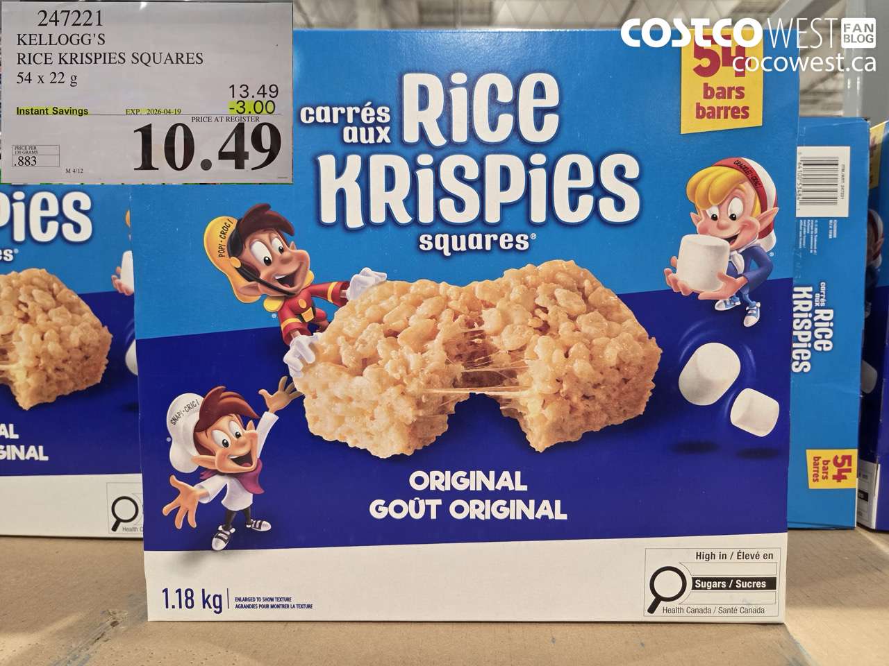 247221 KELLOGG'S RICE KRISPIES SQUARES 54 X 22 G ($3.00 INSTANT SAVINGS EXPIRES ON 2026-04-19) $10.49