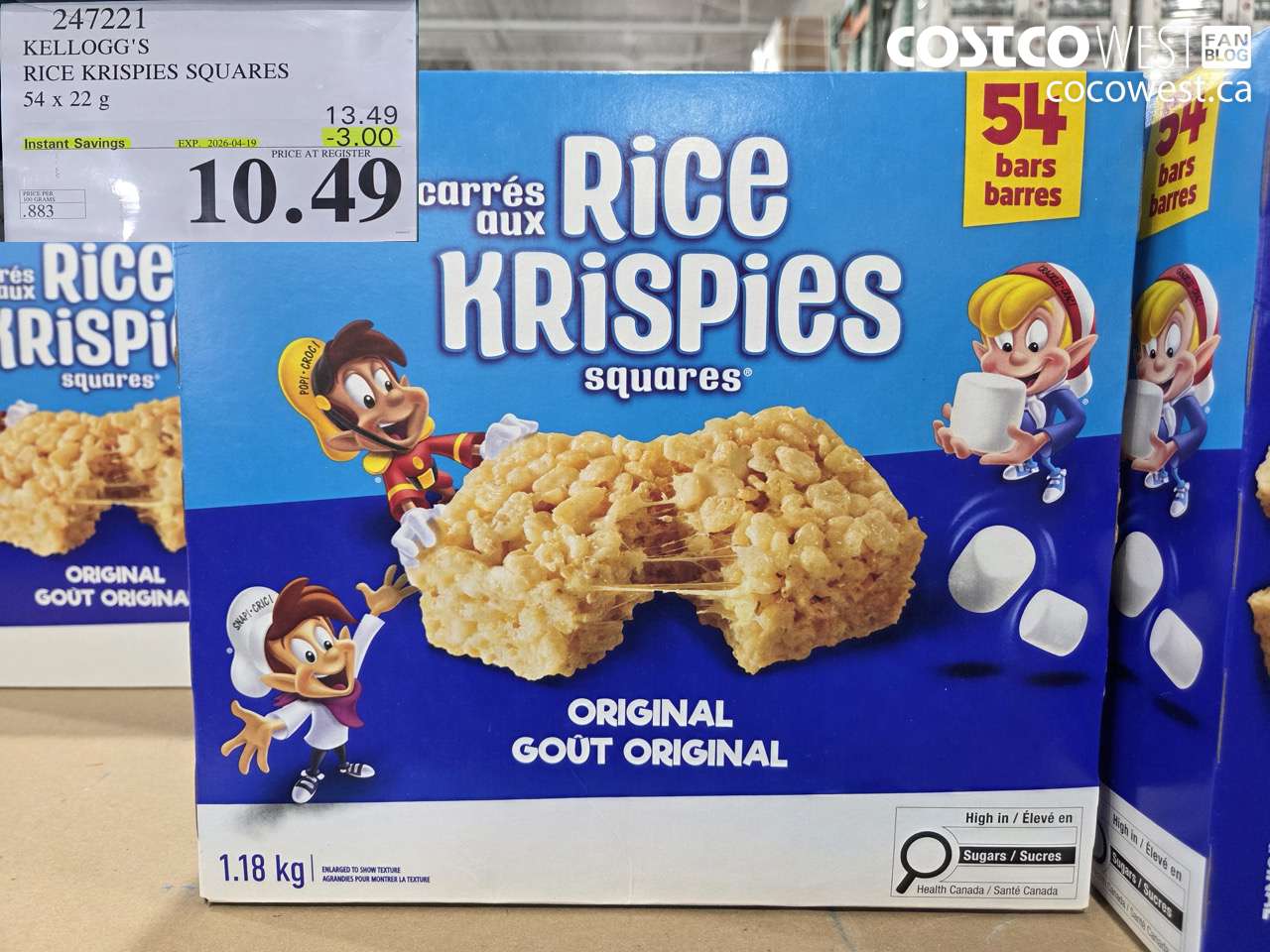 247221 KELLOGG'S RICE KRISPIES SQUARES 54 X 22 G ($3.00 INSTANT SAVINGS EXPIRES ON 2026-04-19) $10.49