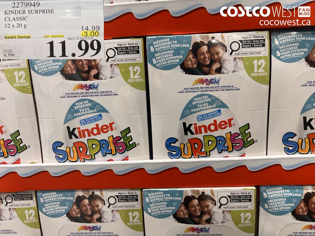 2279949 KINDER SURPRISE CLASSIC 12 X 20 G ($3.00 INSTANT SAVINGS EXPIRES ON 2026-04-05) $11.99
