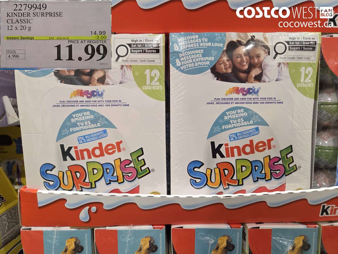 2279949 KINDER SURPRISE CLASSIC 12 X 20 G ($3.00 INSTANT SAVINGS EXPIRES ON 2026-04-26) $11.99