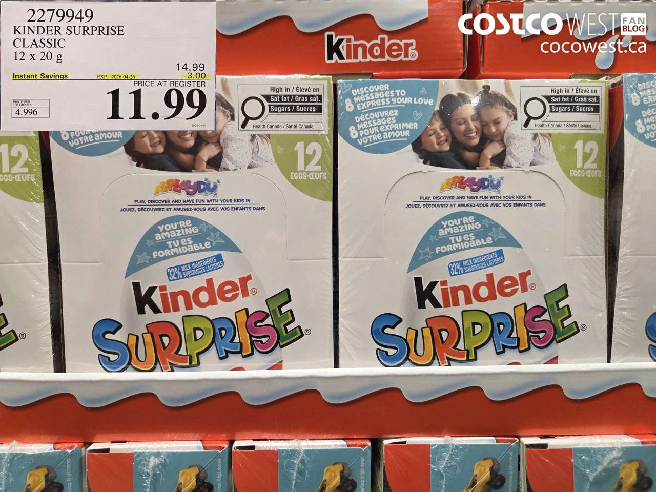 22719949 KINDER SURPRISE CLASSIC 12 X 20 G ($3.00 INSTANT SAVINGS EXPIRES ON 2026-04-26) $11.99