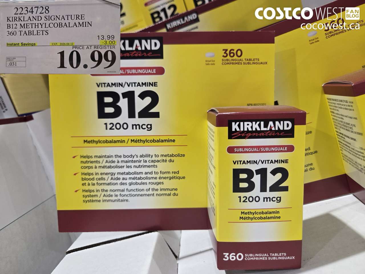 2234728 KIRKLAND SIGNATURE B12 METHYLCOBALAMIN 360 TABLETS ($3.00 INSTANT SAVINGS EXPIRES ON 2026-04-12) $10.99