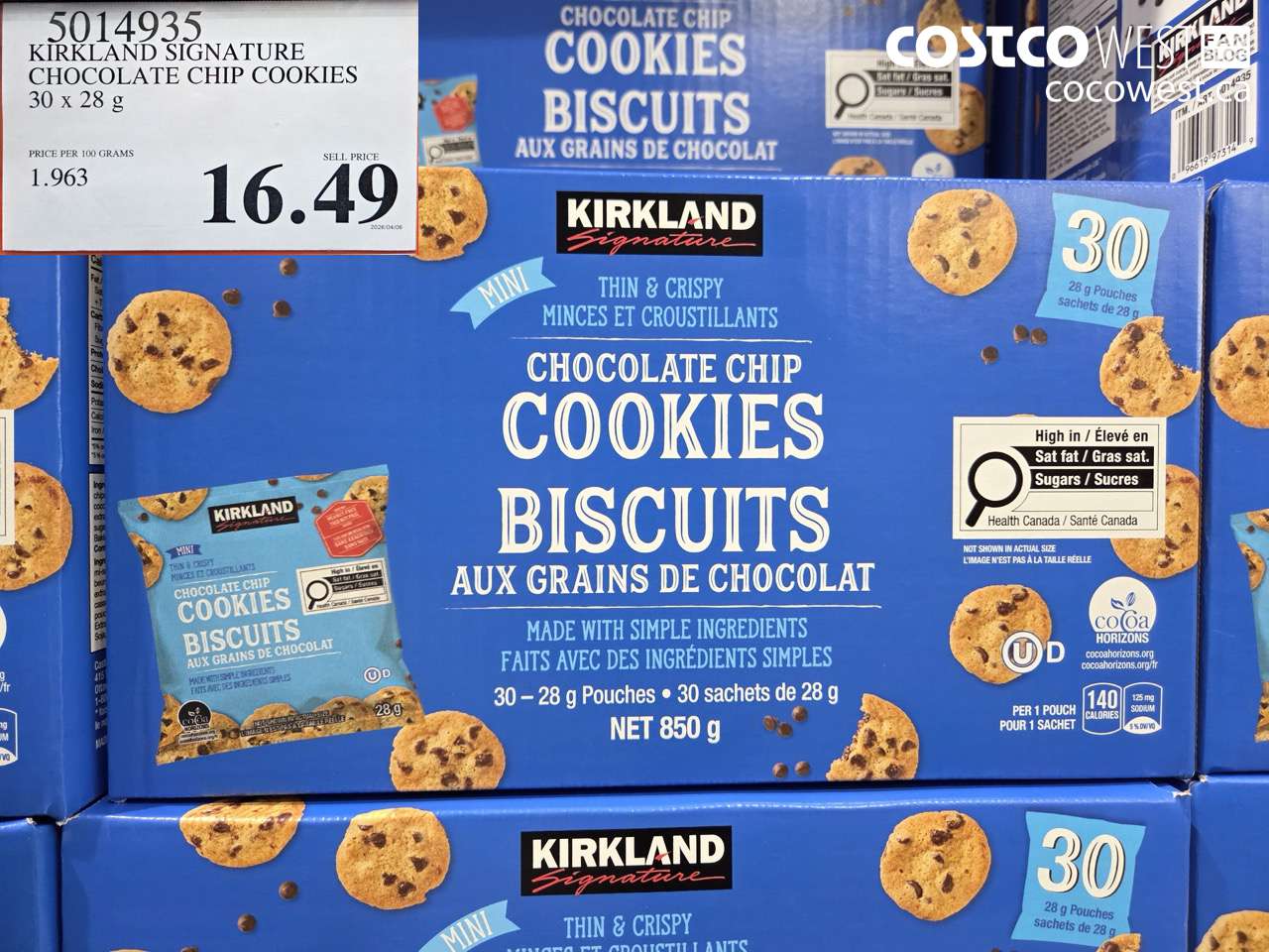 5014935 KIRKLAND SIGNATURE CHOCOLATE CHIP COOKIES 30 X 28 G $16.49