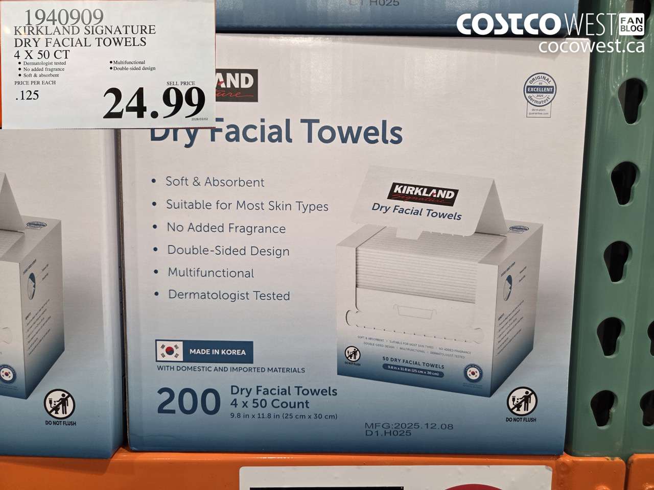 1940909 KIRKLAND SIGNATURE DRY FACIAL TOWELS 4 X 50 CT $24.99