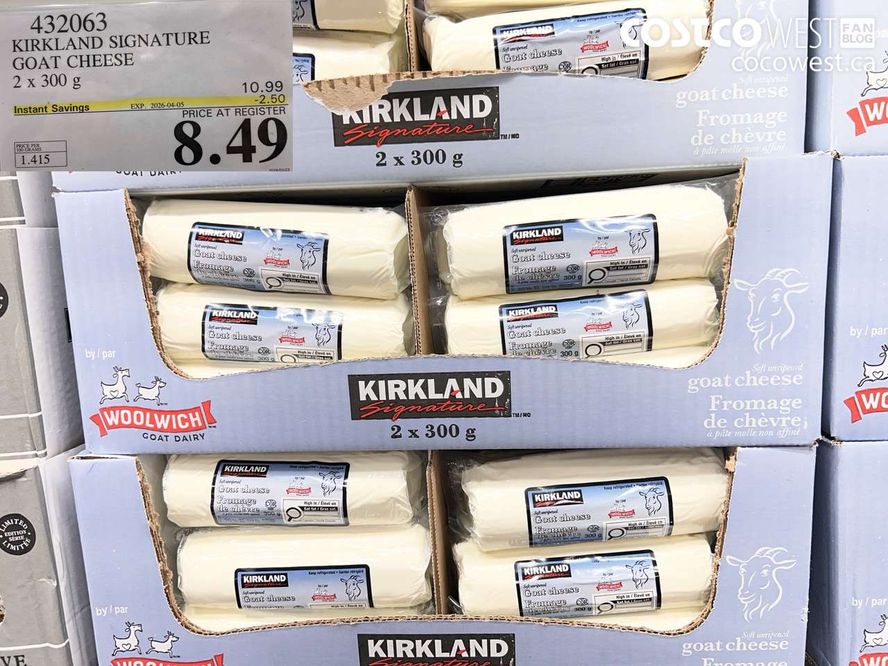 432063 KIRKLAND SIGNATURE GOAT CHEESE 2 X 300G ($2.50 INSTANT SAVINGS EXPIRES ON 2026-04-05) $8.49