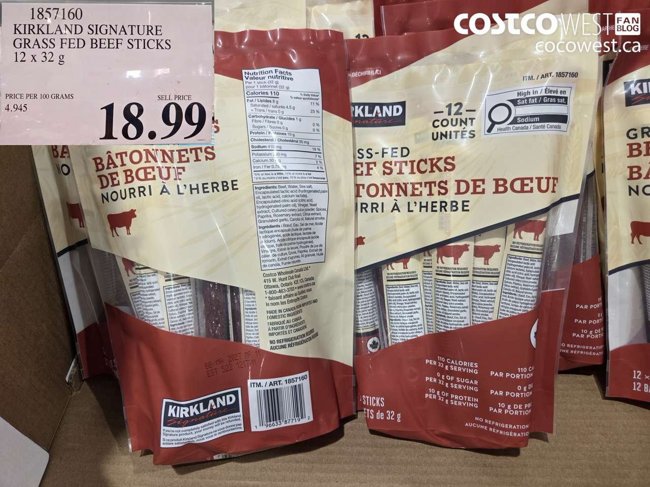 1857160 KIRKLAND SIGNATURE GRASS FED BEEF STICKS 12 X 32 G $18.99