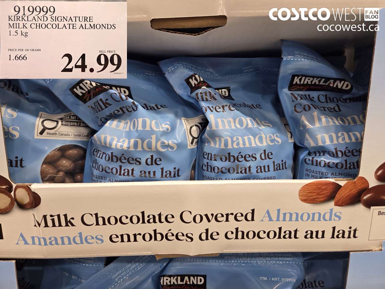919999 KIRKLAND SIGNATURE MILK CHOCOLATE ALMONDS 1.5KG $24.99
