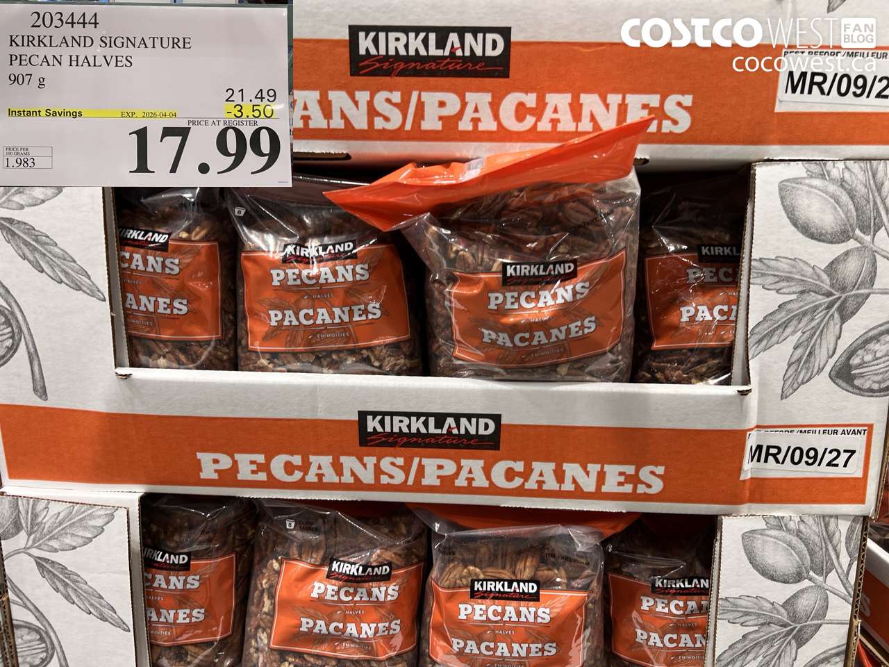 203444 KIRKLAND SIGNATURE PECAN HALVES 907G ($3.50 INSTANT SAVINGS EXPIRES ON 2026-04-04) $17.99