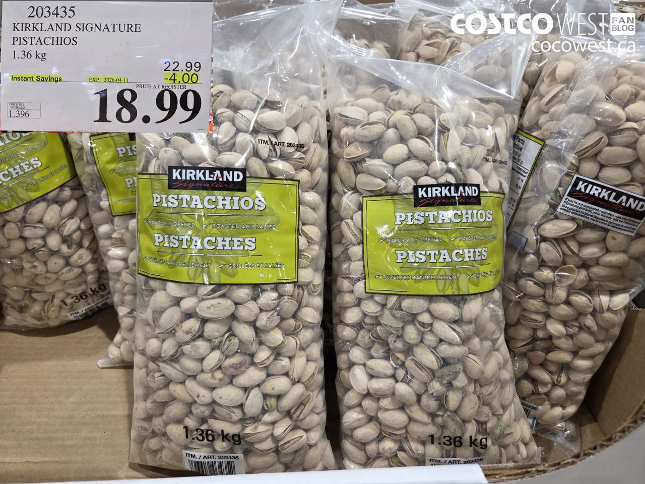 203435 KIRKLAND SIGNATURE PISTACHIOS 1.36KG ($4.00 INSTANT SAVINGS EXPIRES ON 2026-04-11) $18.99