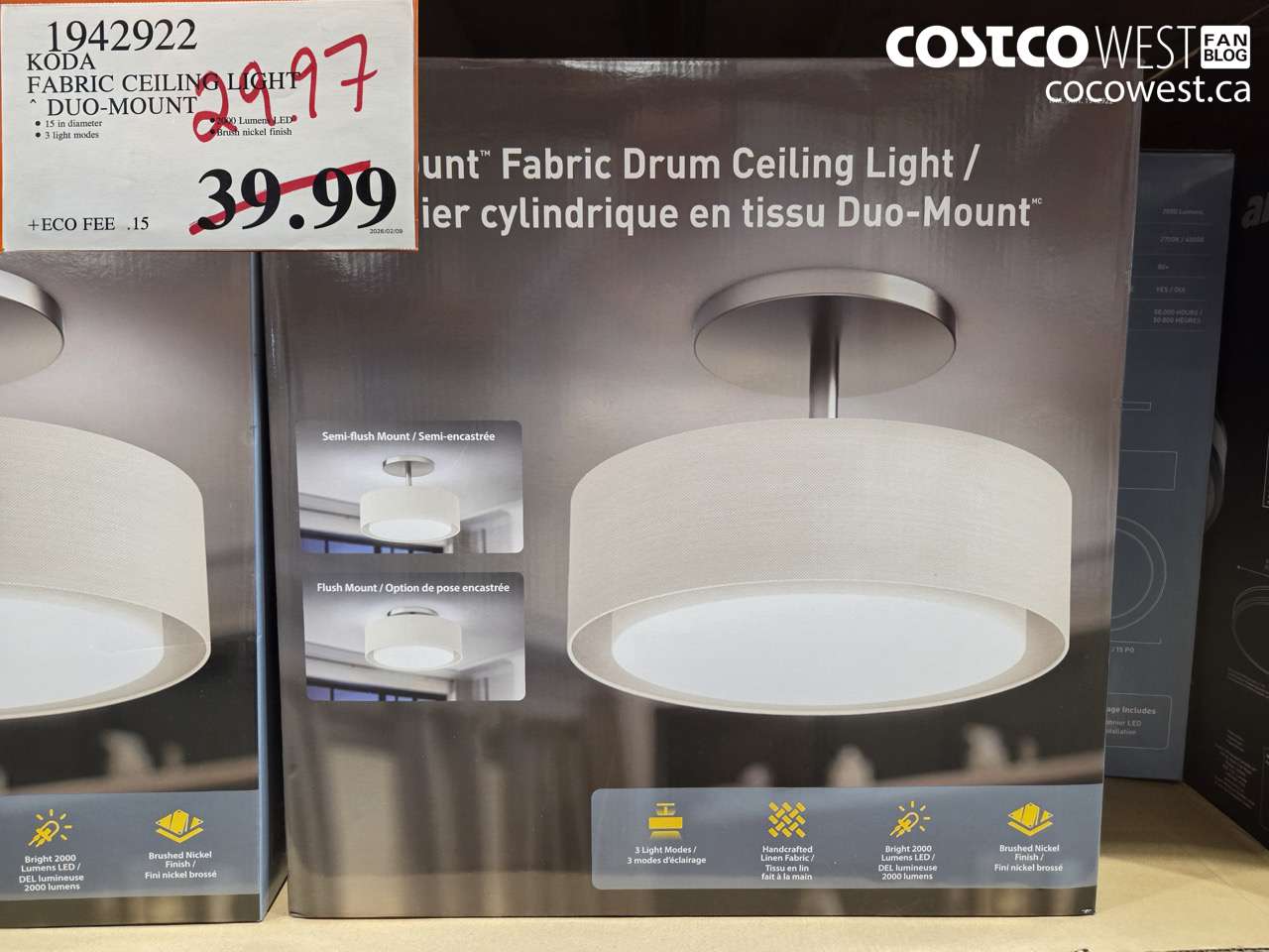 1942922 KODA FABRIC CEILING LIGHT DUO-MOUNT $29.97