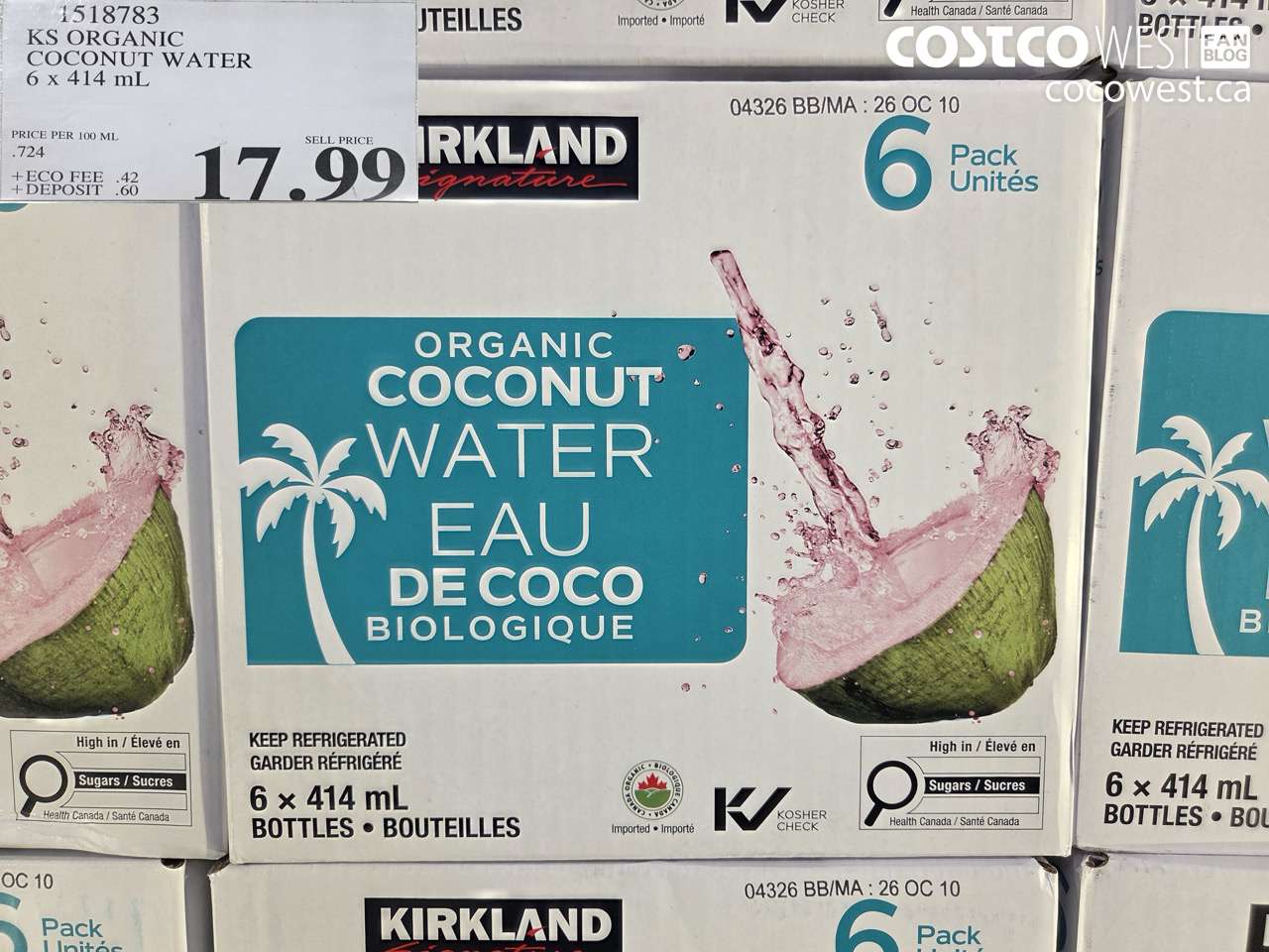 1518783 KS ORGANIC COCONUT WATER 6 X 414 ML $17.99