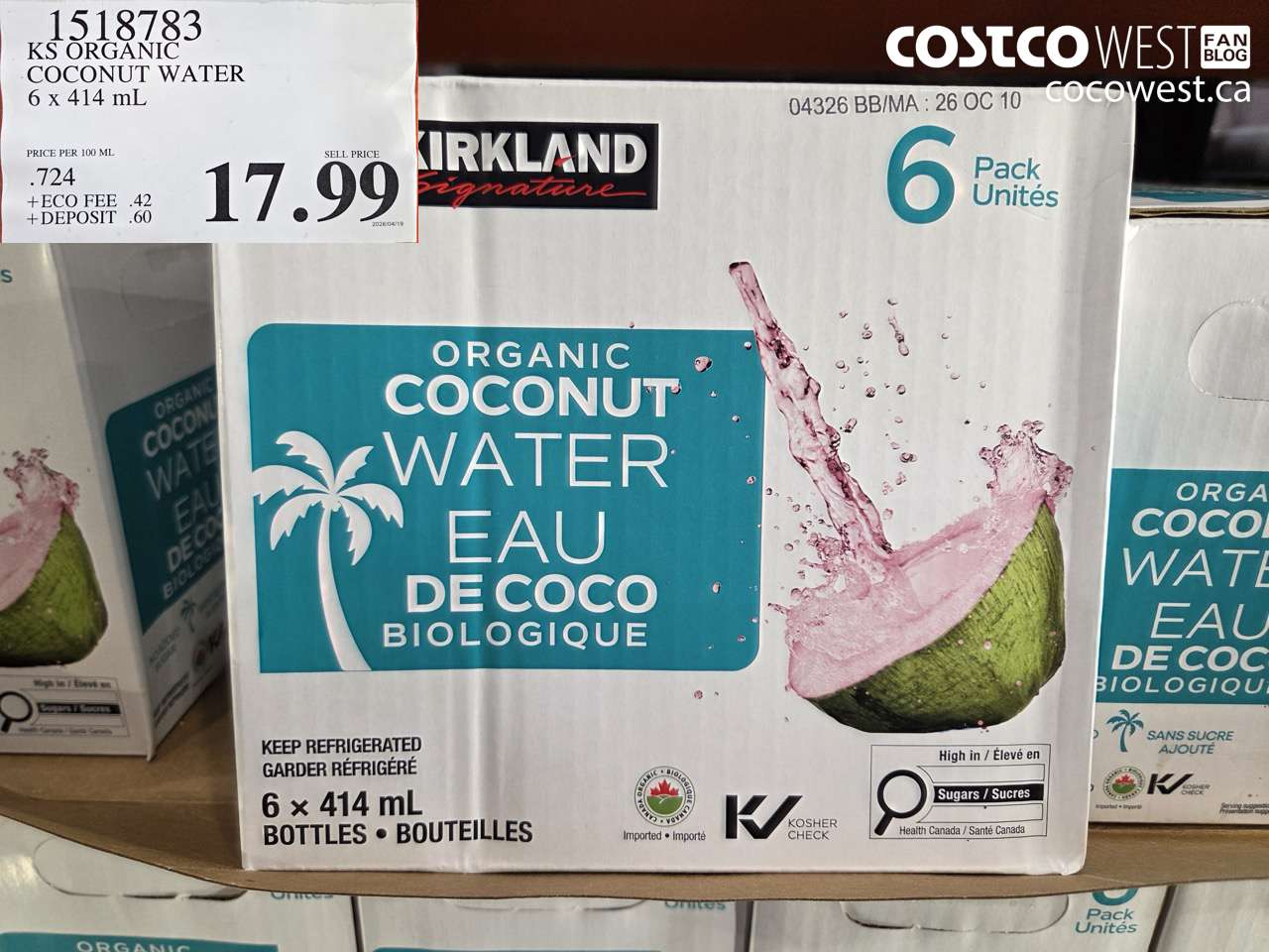 1518783 KS ORGANIC COCONUT WATER 6 X 414 ML $17.99