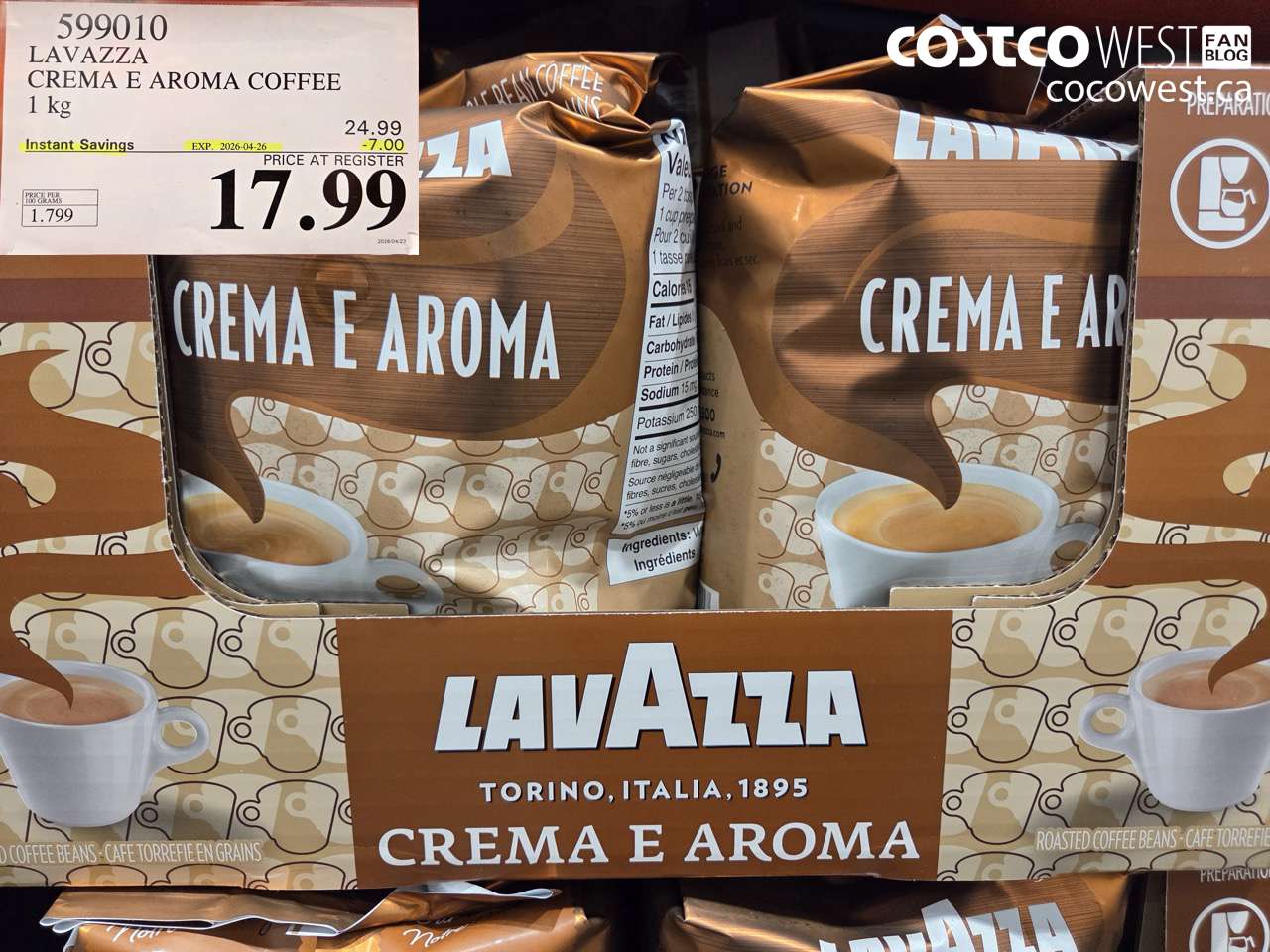 590910 LAVAZZA CREMA E AROMA COFFEE 1 KG ($7.00 INSTANT SAVINGS EXPIRES ON 2026-04-26) $17.99
