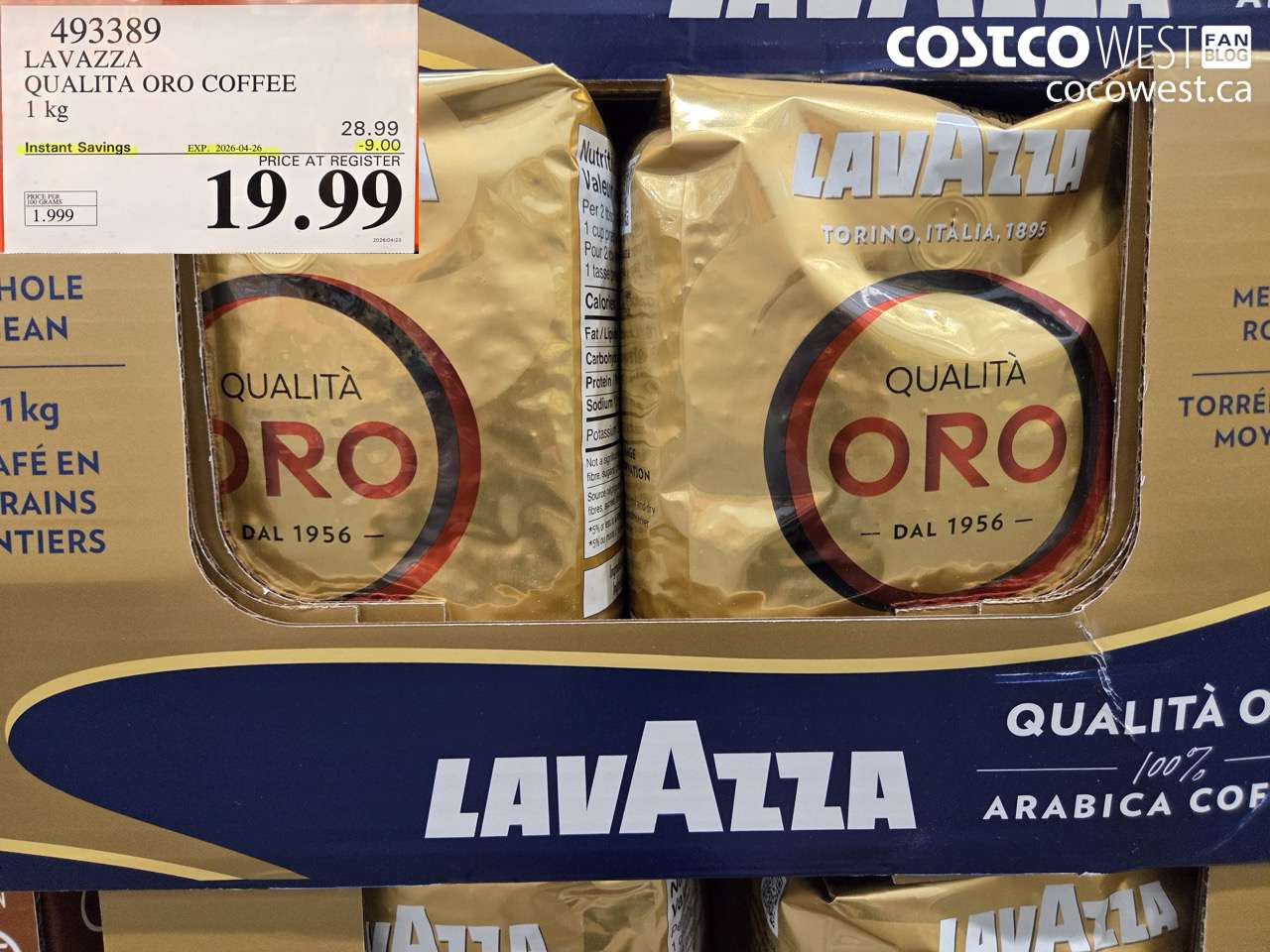 493389 LAVAZZA QUALITY ORO COFFEE 1 KG ($9.00 INSTANT SAVINGS EXPIRES ON 2026-04-26) $19.99