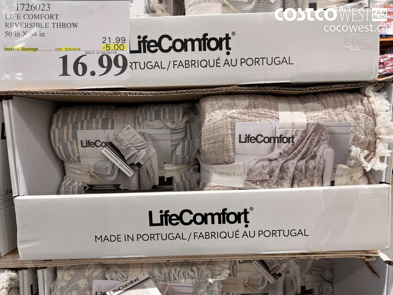 1726023 LIFE COMFORT REVERSIBLE THROW 50 IN X 64 IN ($5.00 INSTANT SAVINGS EXPIRES ON 2026-04-05) $16.99