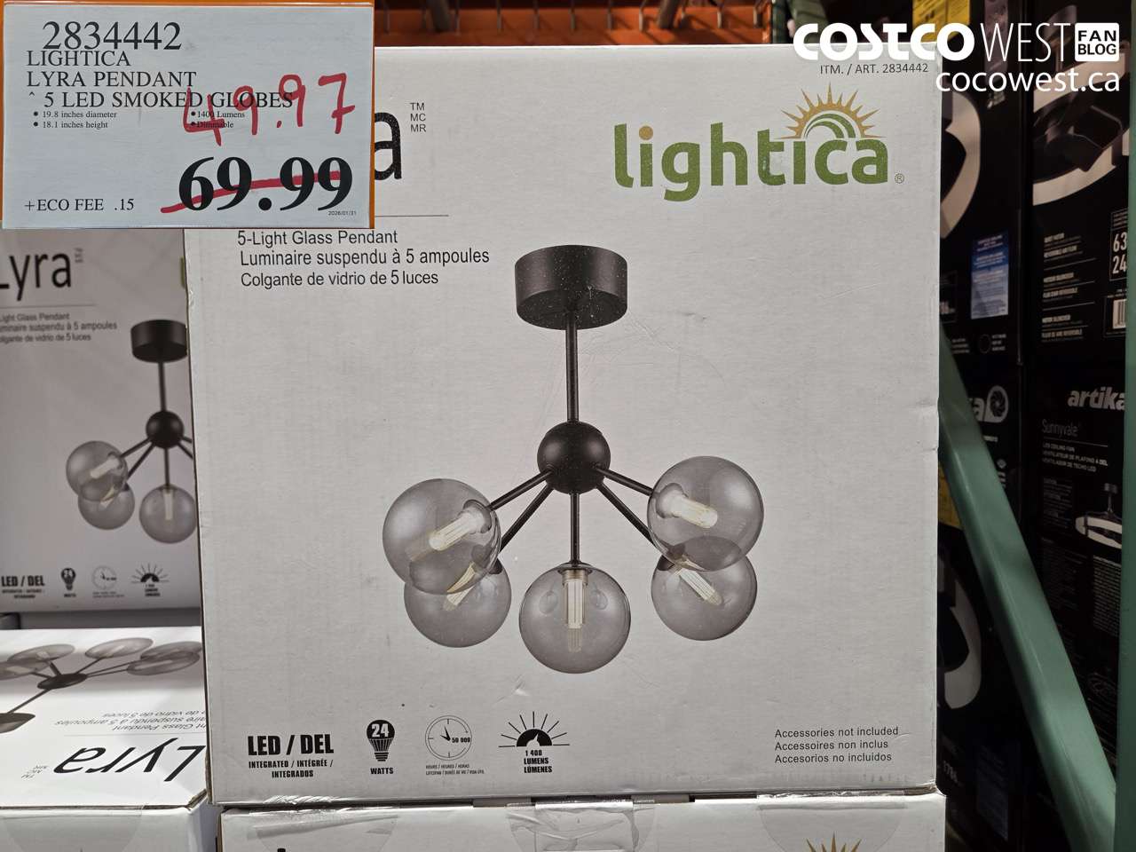 2834442 LIGHTICA LYRA PENDANT 5 LED SMOKED GLOBES $49.97