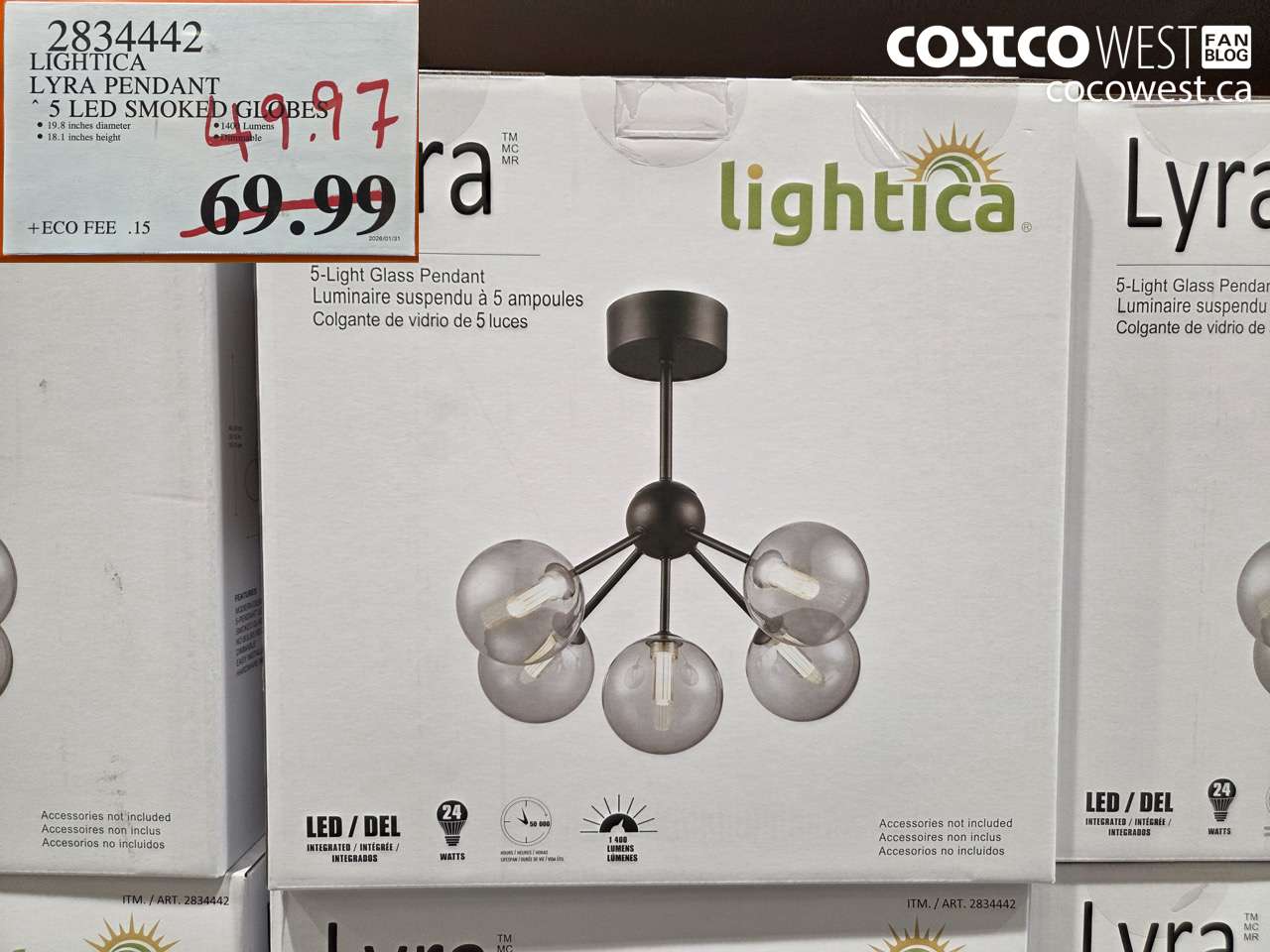 2834442 LIGHTICA LYRA PENDANT 5 LED SMOKED GLOBES $49.97