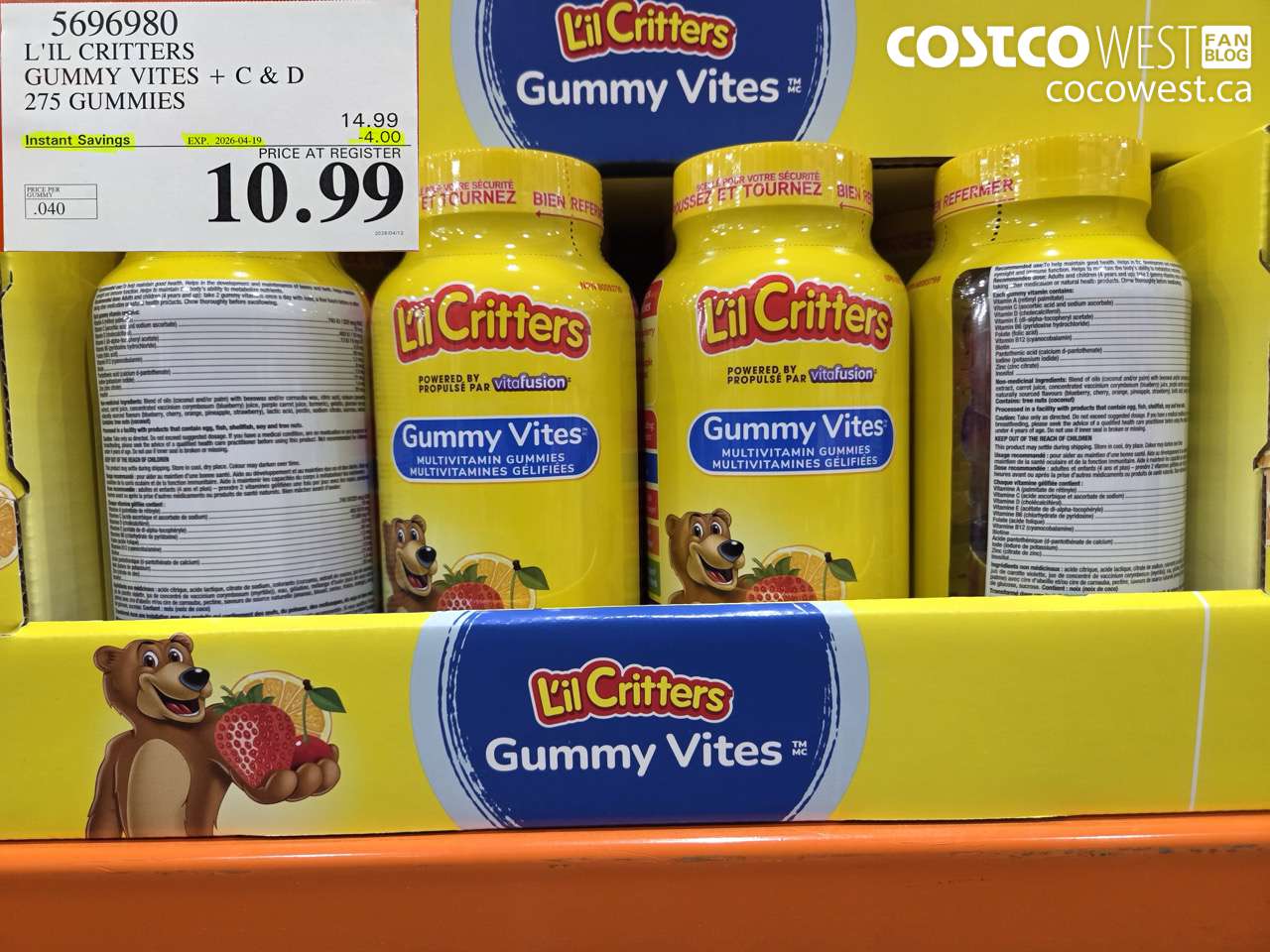 5696980 L'IL CRITTERS GUMMY VITES + C & D 275 GUMMIES ($4.00 INSTANT SAVINGS EXPIRES ON 2026-04-19) $10.99